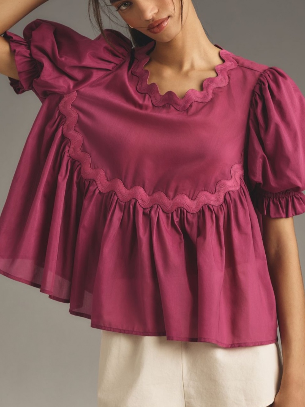Anthropologie Mare Mare Short-Sleeve Rickrack Raspberry Babydoll Top Size Small